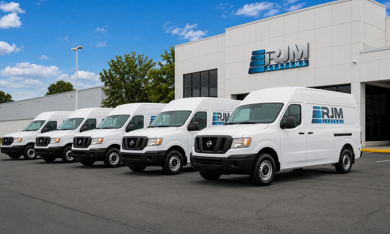 RJM Systems branded fleet of service vans at the West Chester facility