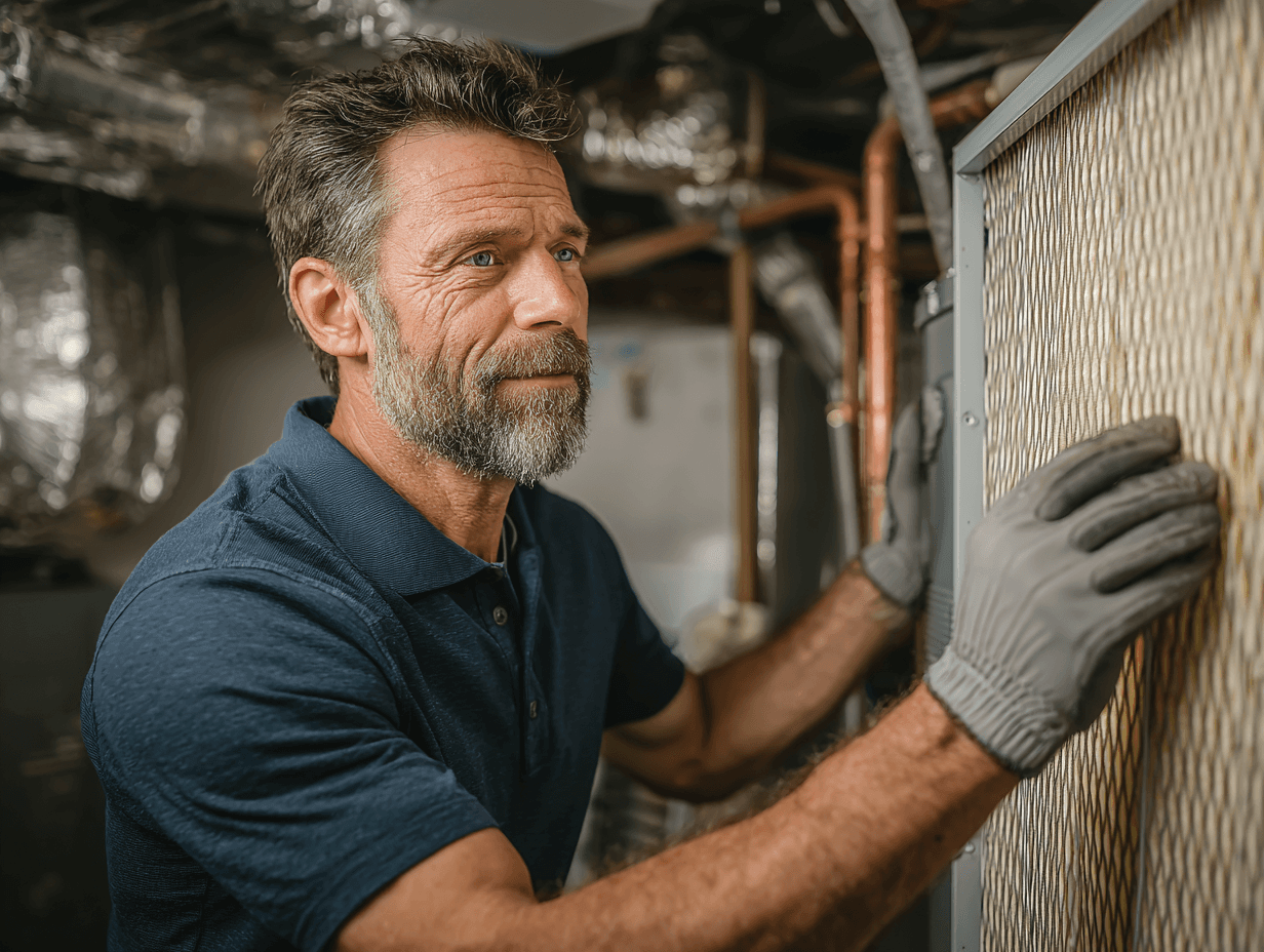 RJM Systems technician installing a whole-home air filtration system